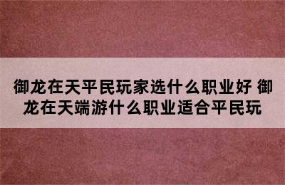 御龙在天平民玩家选什么职业好 御龙在天端游什么职业适合平民玩